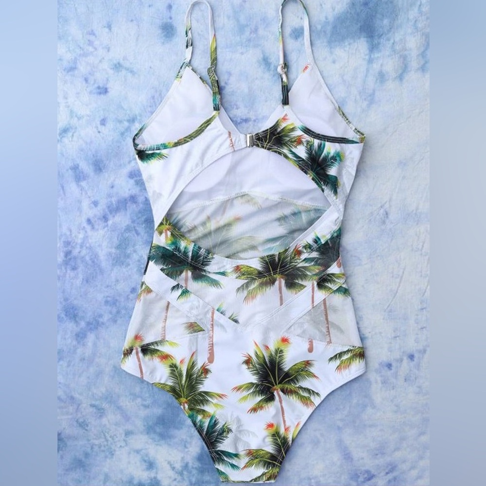 Riversong Backless One Piece Coconut Tropical Palm Tree Swimsuit White SZ XL - Picture 4 of 13